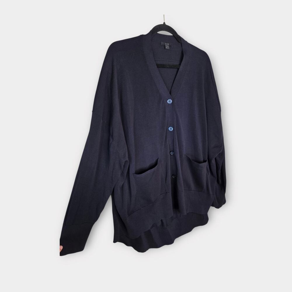 COS Draped Back Cardigan Navy Blue 100% Cotton Women's Med - Picture 3 of 9